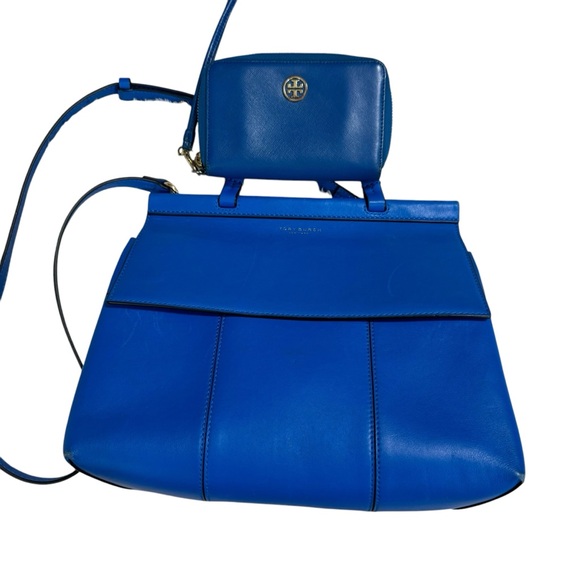Tory Burch Handbags - Tory Burch Blue Leather Satchel Purse Handbag & zip around wristlet READ DESCPT